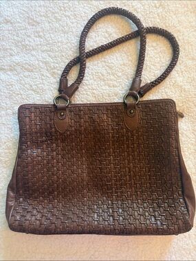 Woven Genuine Leather Tote Bag - Brown